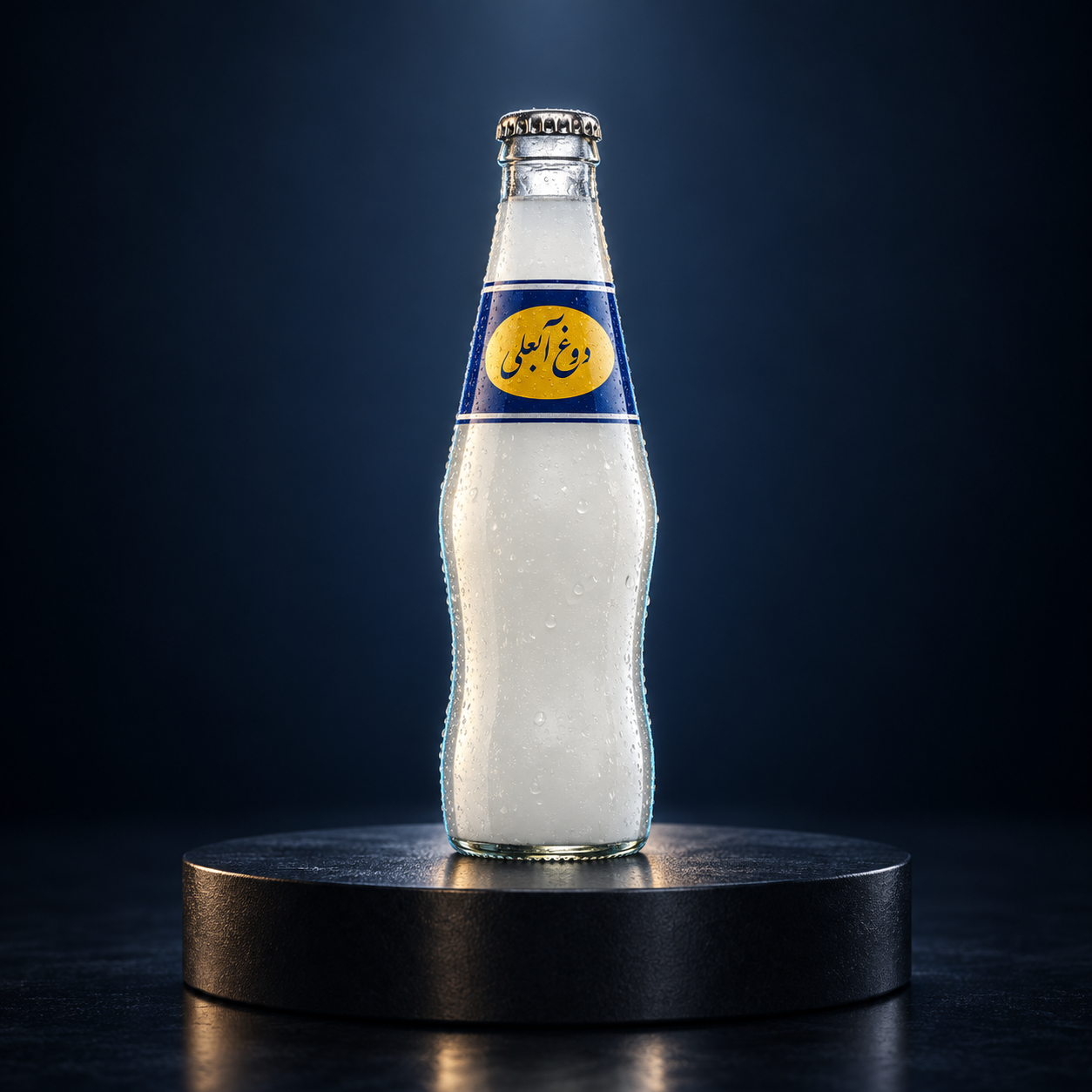 Abali bottle on a dark pedestal with cinematic studio lighting