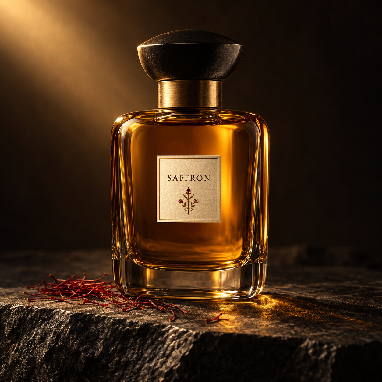 Amber saffron perfume bottle on dark stone under golden light