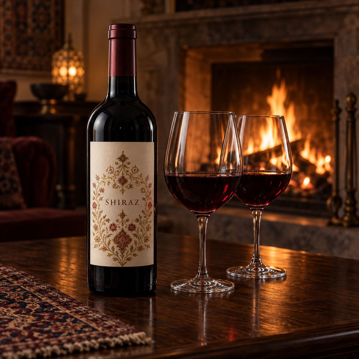 Shiraz wine bottle and two glasses beside a glowing fireplace